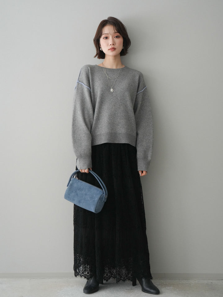 [予約]バックロゴ刺繍配色ステッチニットプルオーバー/gray