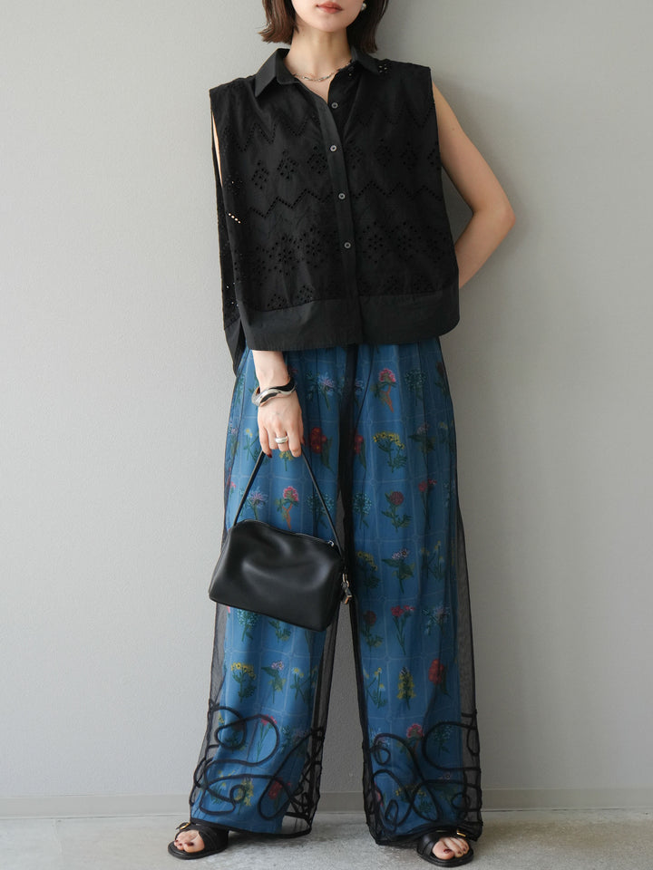 [予約]パッチワークフラワープリントイージーパンツ/ブルー