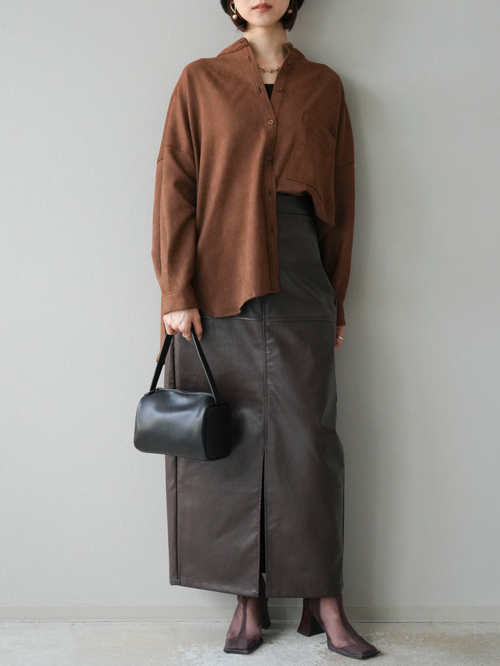 [予約]フェイクレザーフロントスリットスカート/ブラウン