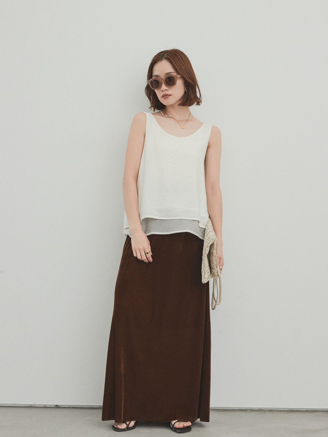 [予約]ワッシャーサテンシアーレイヤードタンクトップ/アイボリー