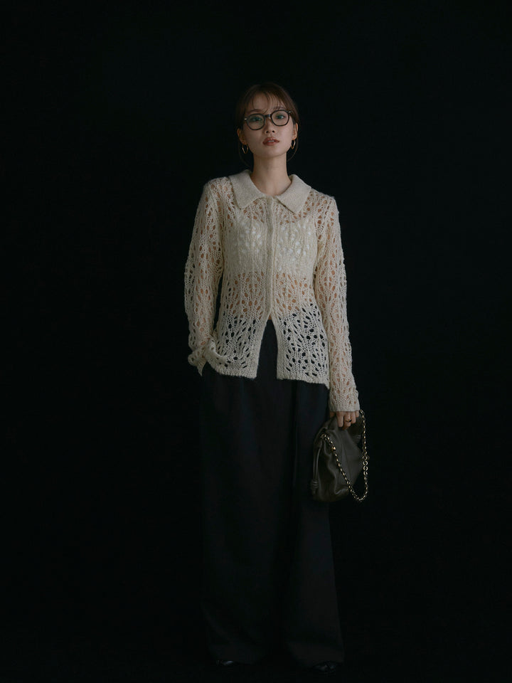 【Allure】[SET]ローゲージ透かし編みポロニッカーディガン+ローゲージ透かし編みポロニッカーディガン(2set)