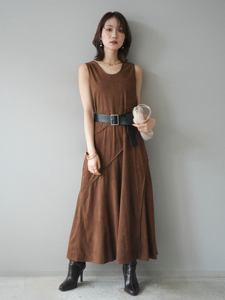 [予約]スエードアウトシームデザインベルト付ワンピース/camel