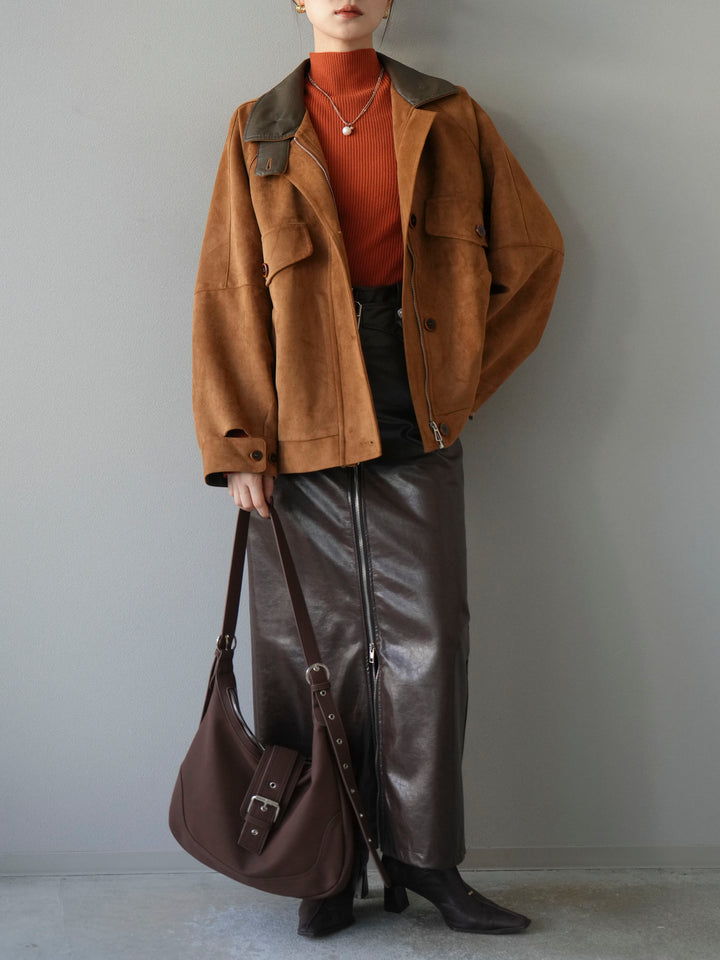 [予約]デザインポケットレザー襟スウェードジャケット/キャメル