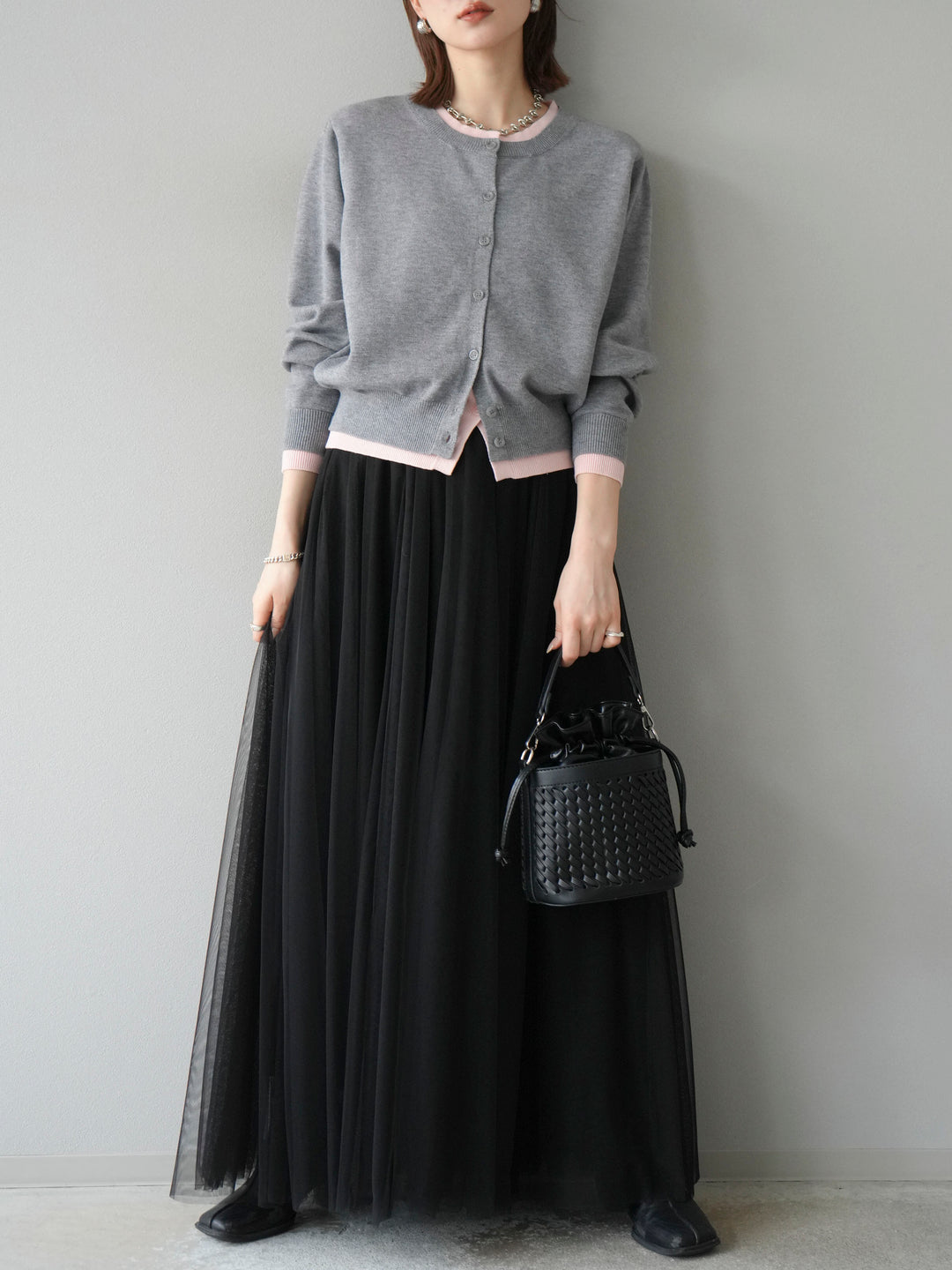 [SET]配色レイヤードカーディガン+チュールボリュームスカート(2set)