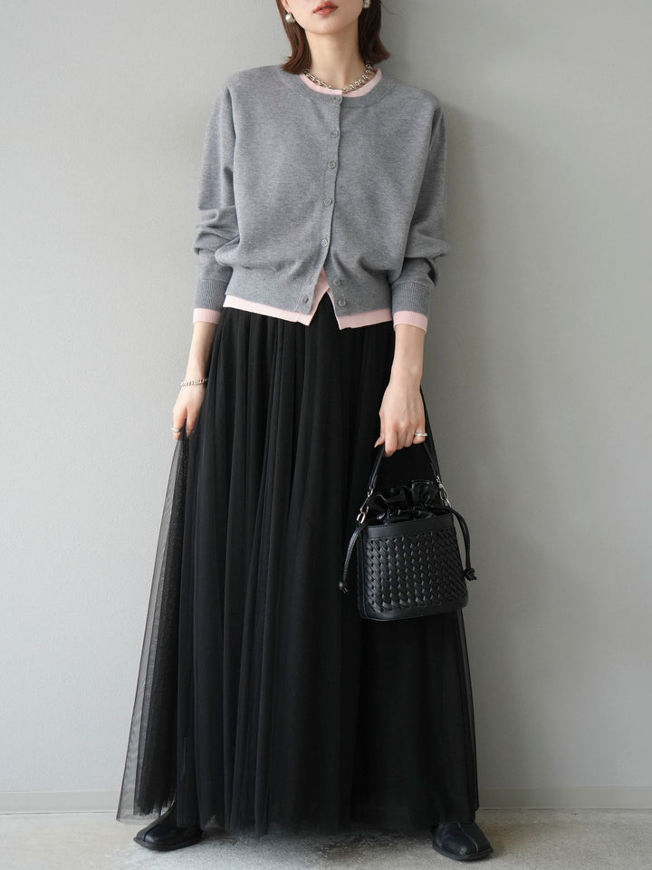 [SET]配色レイヤードカーディガン+チュールボリュームスカート(2set)