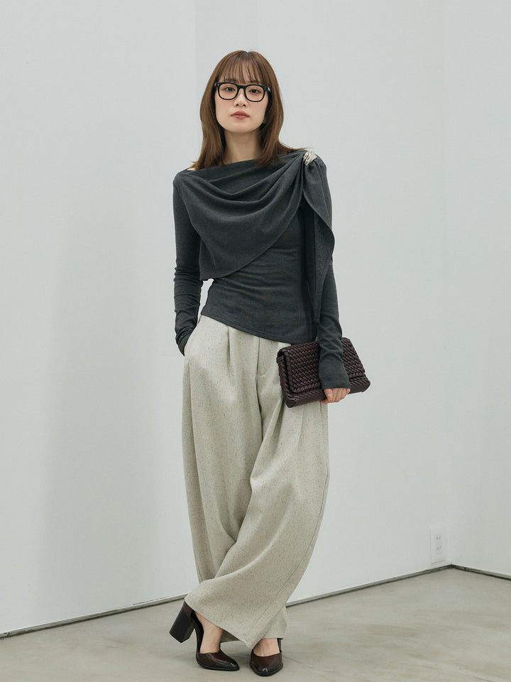 [予約]ブローチ付ドレープ裏起毛トップス/gray