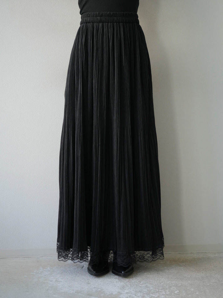[予約]裾レーススウェードプリーツマキシスカート/ブラック