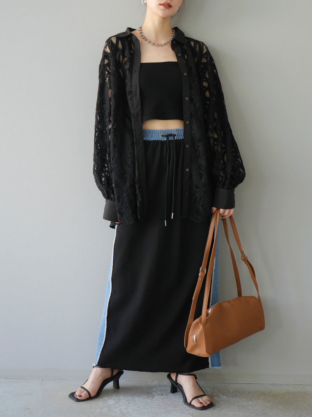 [SET]コードレースオーバーシャツ+デニムドッキングスウェットスカート(2set)