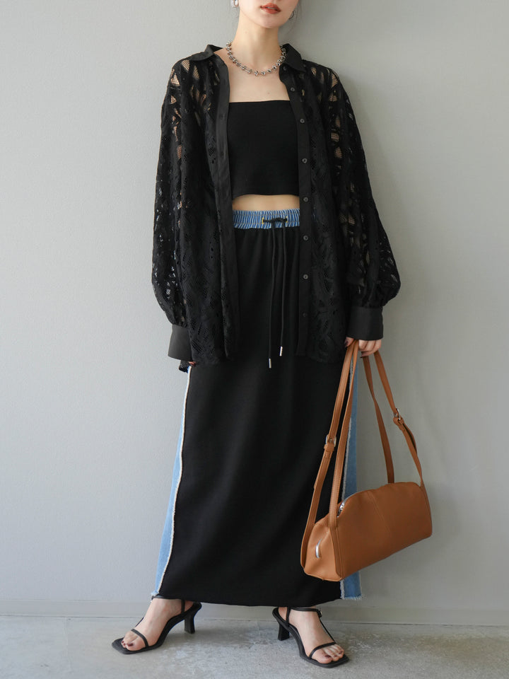 [SET]コードレースオーバーシャツ+デニムドッキングスウェットスカート(2set)