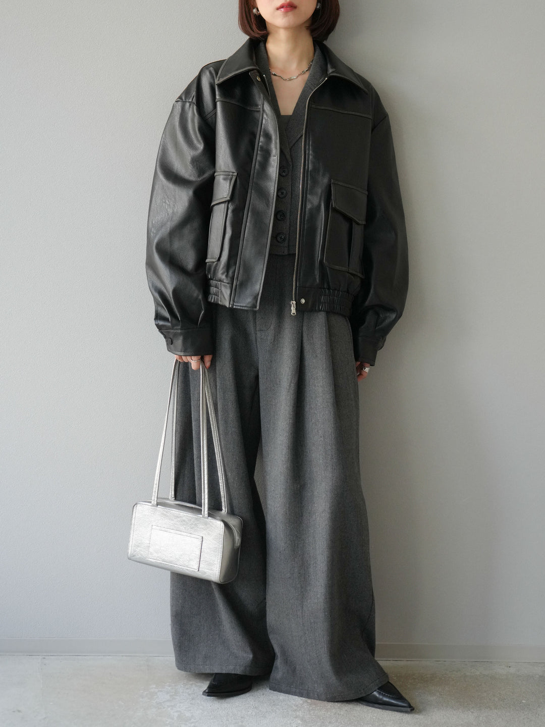 [予約]ツイードタッチタックワイドパンツ/ダークグレー