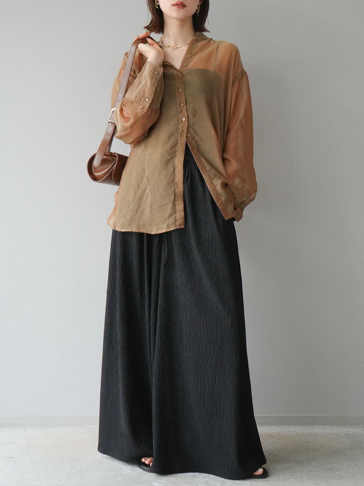 [SET] 亮面透視立領襯衫 + 柳葉寬褲 (2set)