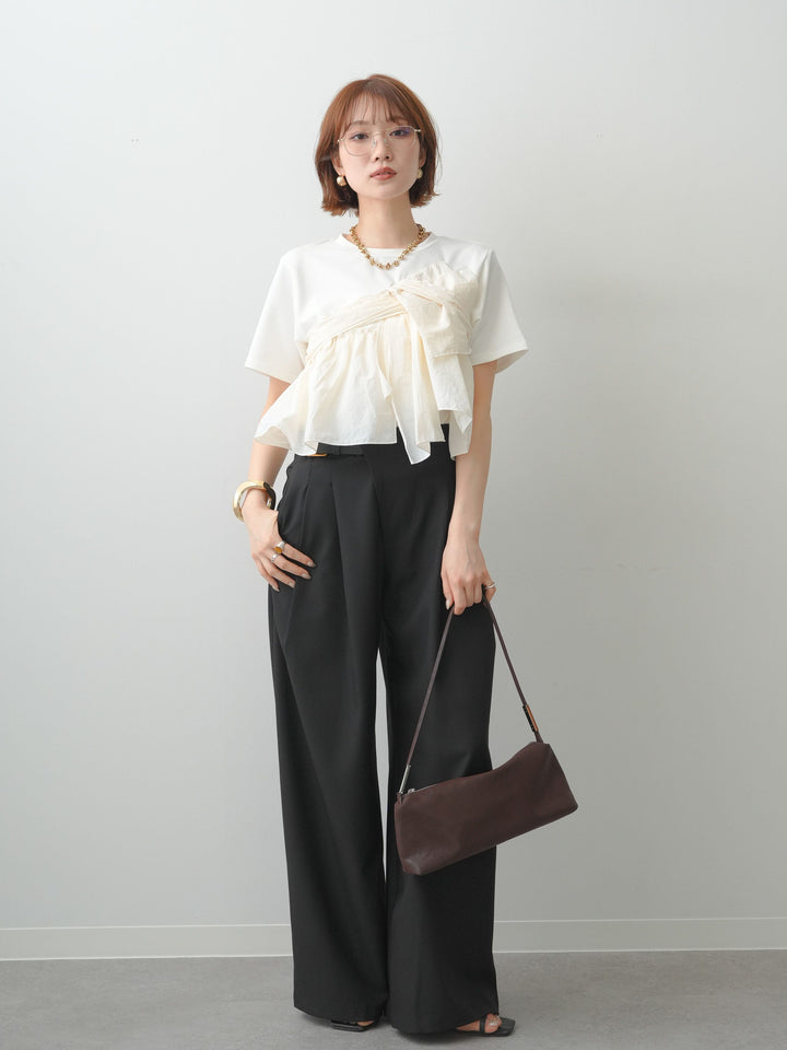 [SET]ナイロンドッキングツイストTEE +アシンメトリーベルトタックワイドパンツ(2set)