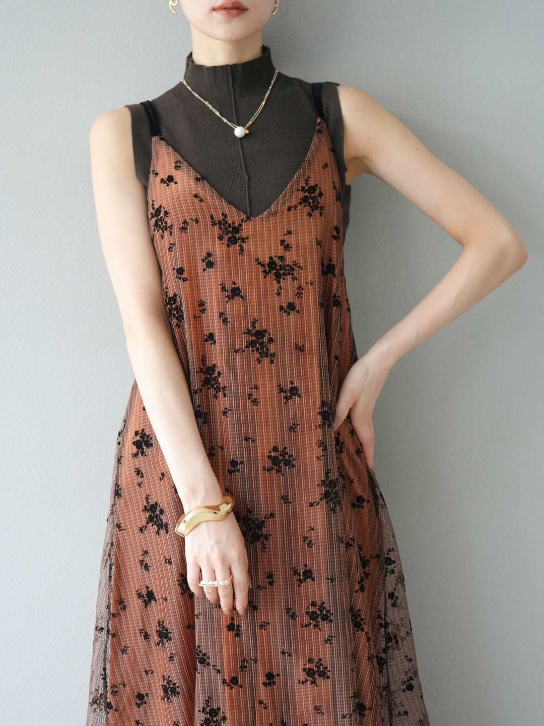 [予約]フロッキーチュールレイヤードベロアキャミワンピース/オレンジ