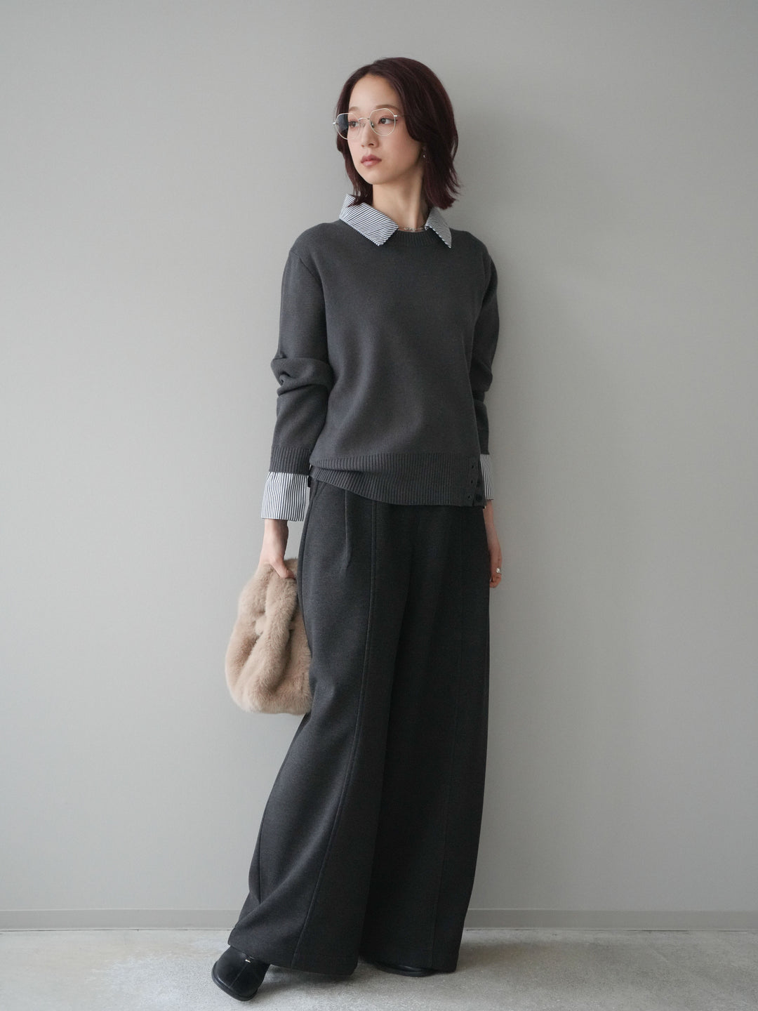 [予約]ベルト付き裏起毛ワイドパンツ/charcoal