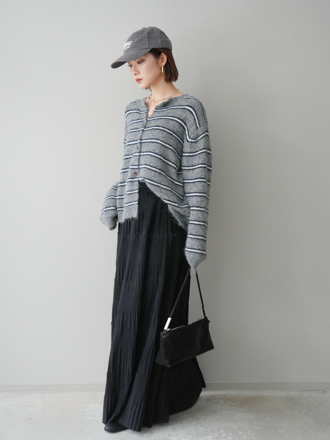 [予約]ボーダーシャギーニットカーディガン/gray