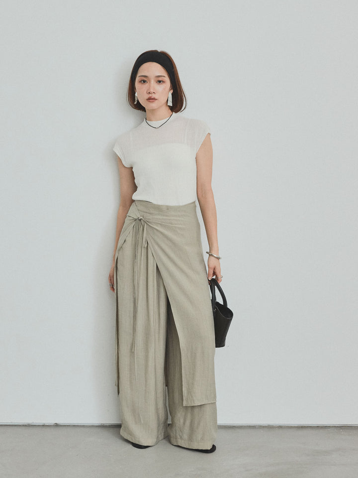 [SET]フレンチスリーブシアーニットトップス+ワッシャーサテンレイヤードスカートパンツ(2set)