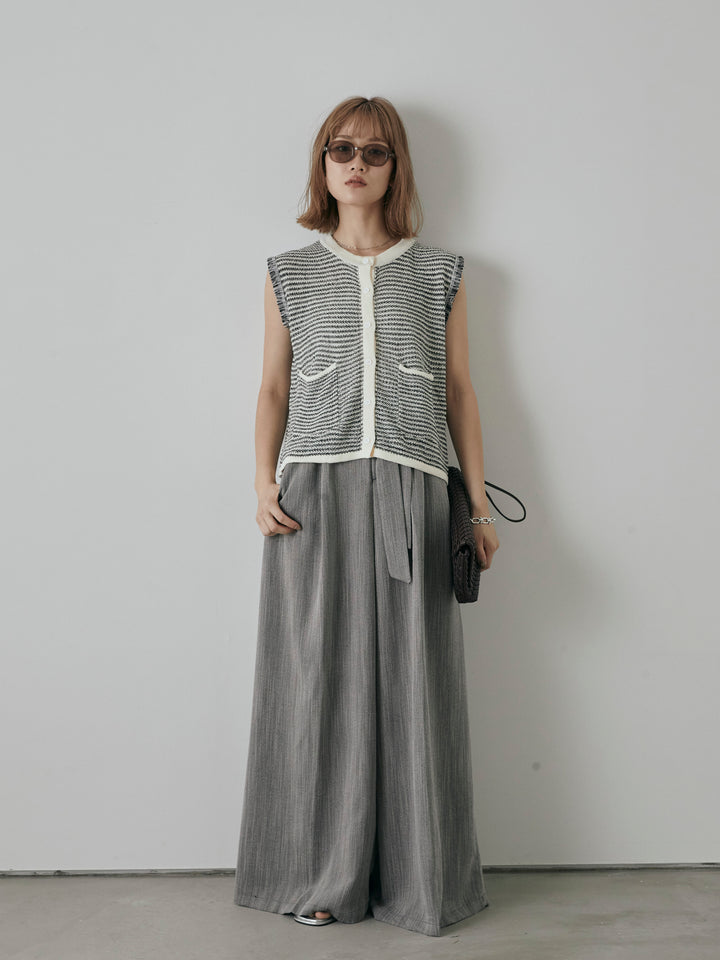 [予約]ボーダー袖フリンジニットベスト/オフ