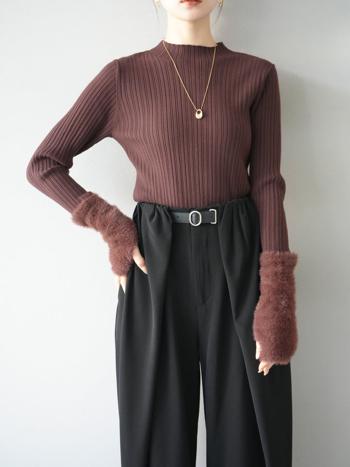 [予約]アームシャギーランダムリブニットトップス/ブラウン