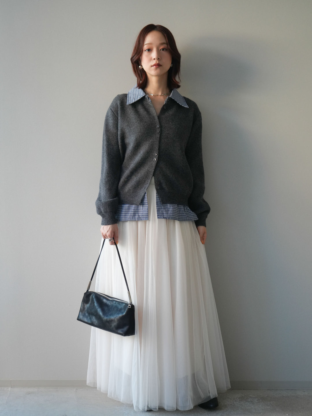 [SET]チェックシャツ襟ニットカーディガン+チュールボリュームスカート(2set)