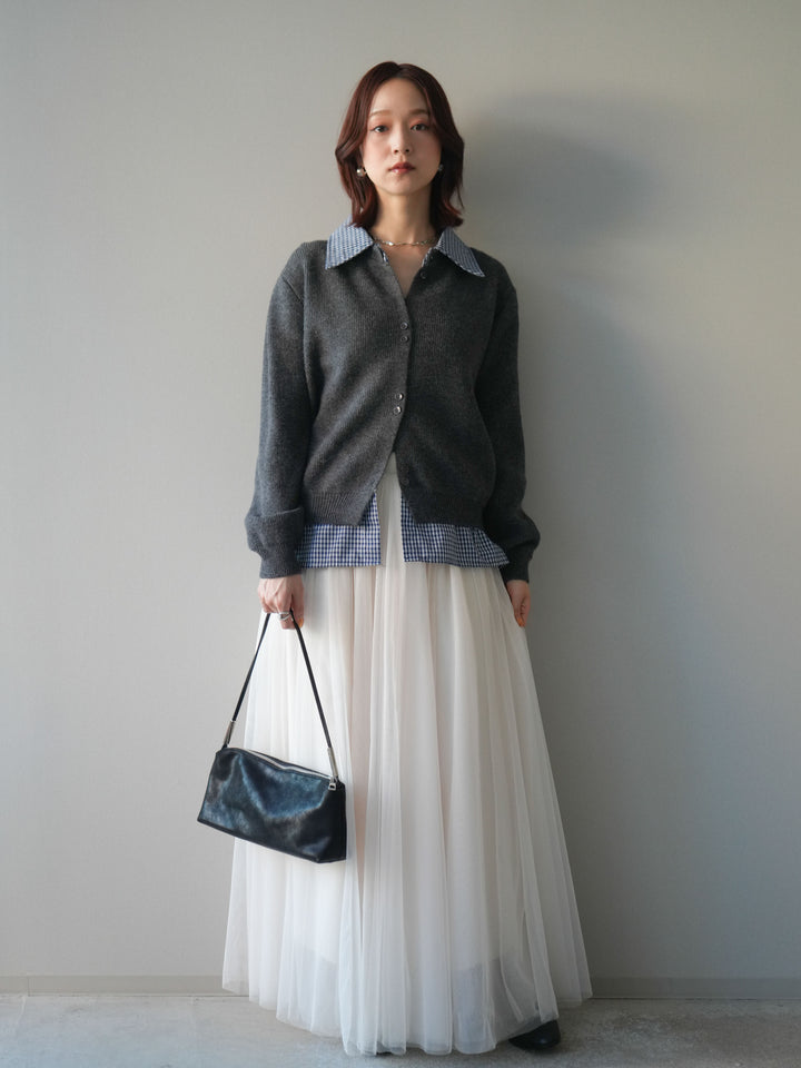 [SET]チェックシャツ襟ニットカーディガン+チュールボリュームスカート(2set)