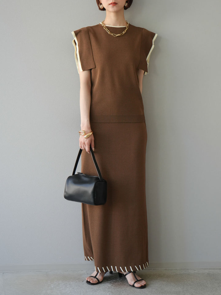 [予約]リネンタッチハンドステッチニットタイトスカート/モカ