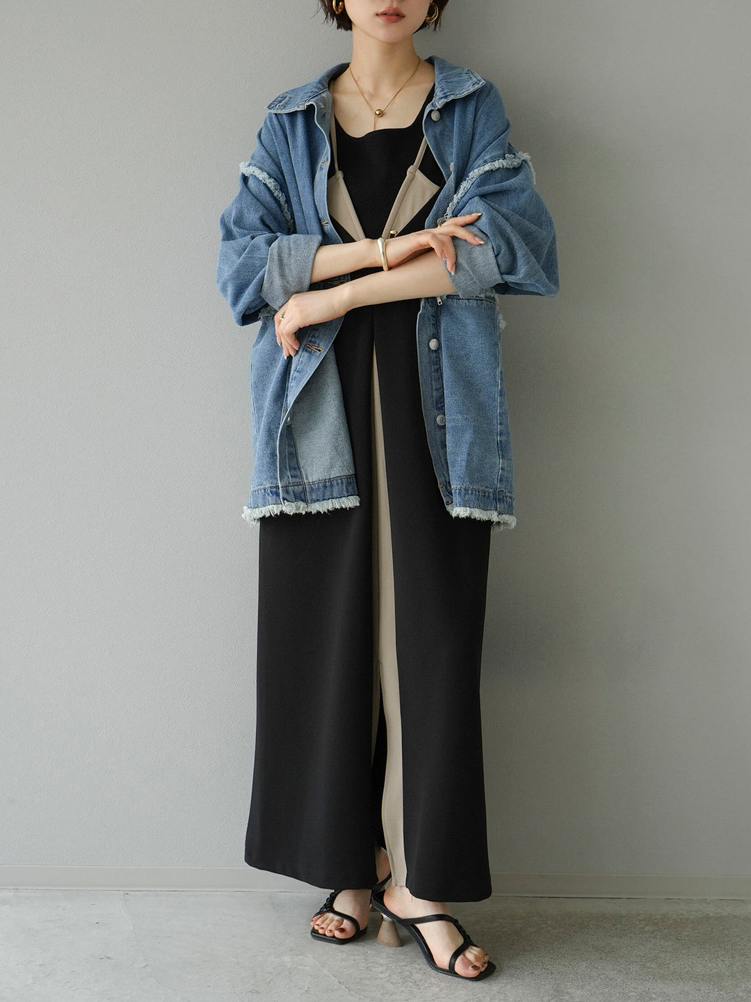 [SET] Bicolor layered design cami dress + 2WAY denim stand collar jacket (2set)