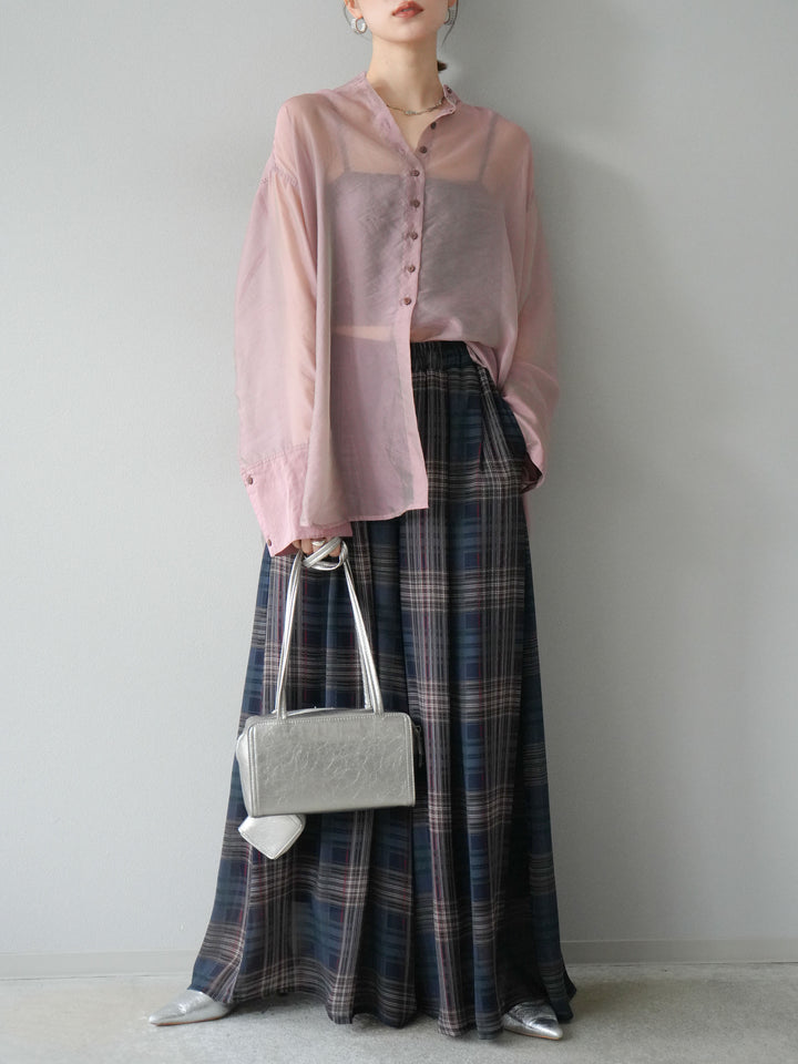 [SET] 亮面透視立領襯衫 + 透視格紋寬鬆褲 (2 件套)