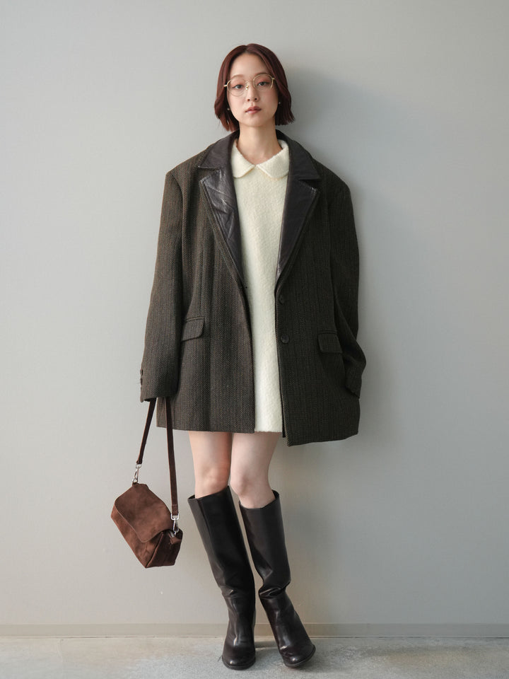 [SET]襟付きブークレミニワンピース+レイヤードデザインツイードテーラードジャケット(2set)