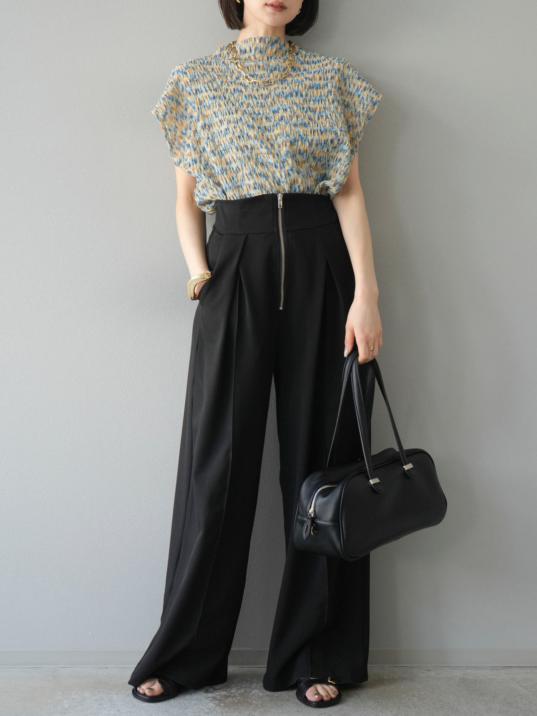 [SET] 多色隨機百褶法式上衣+拉鍊褶襉寬褲（2件套）