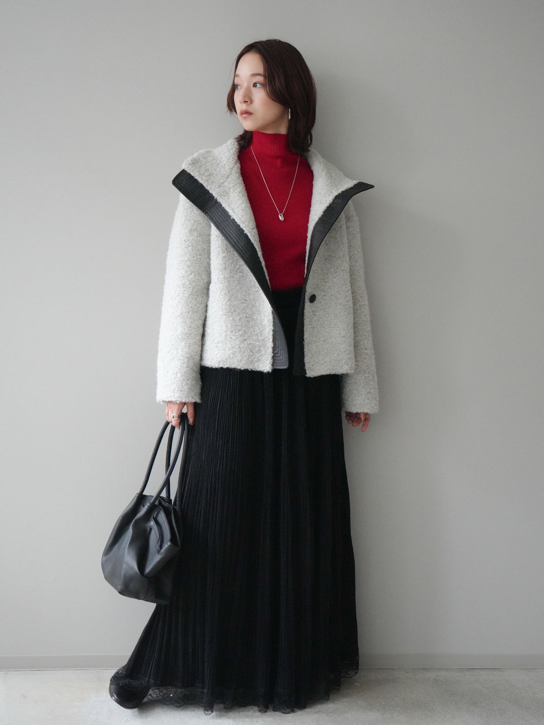 [SET]レザー切替ブークレブルゾン+袖ボタンボトルネックリブニットトップス+裾レーススウェードプリーツマキシスカート(3set)