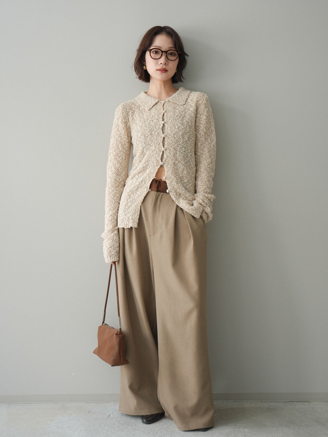 [予約]透かし編みブークレポロニットトップス/beige