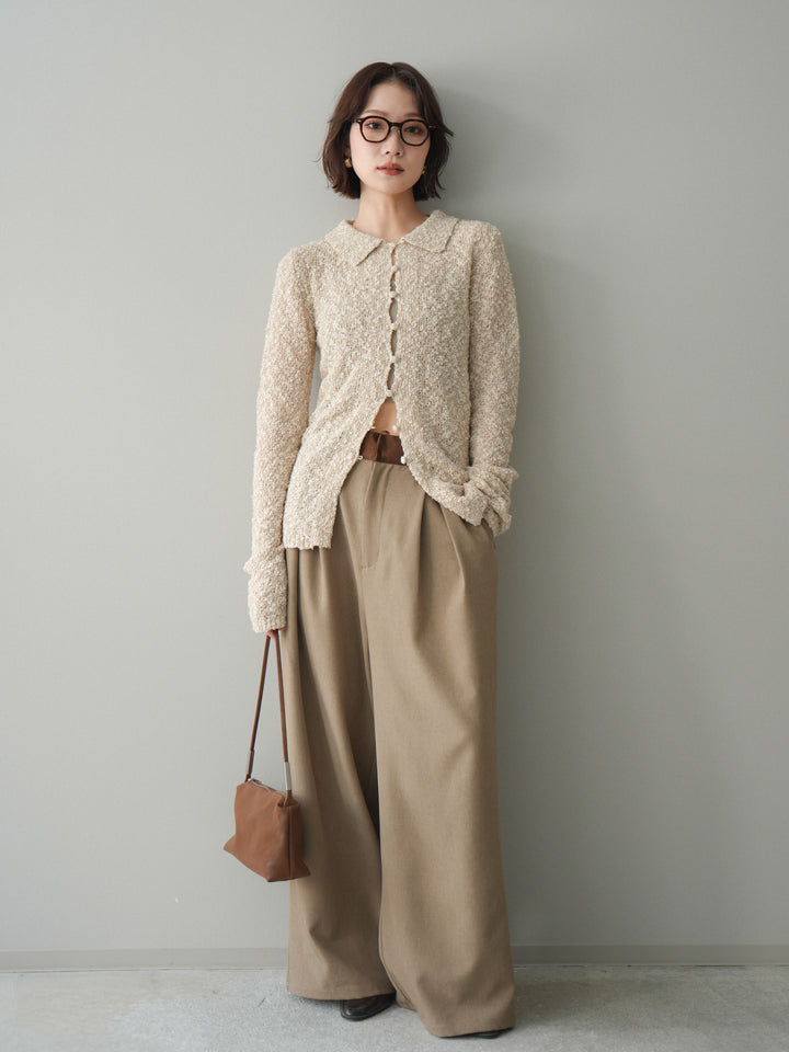 [予約]透かし編みブークレポロニットトップス/beige