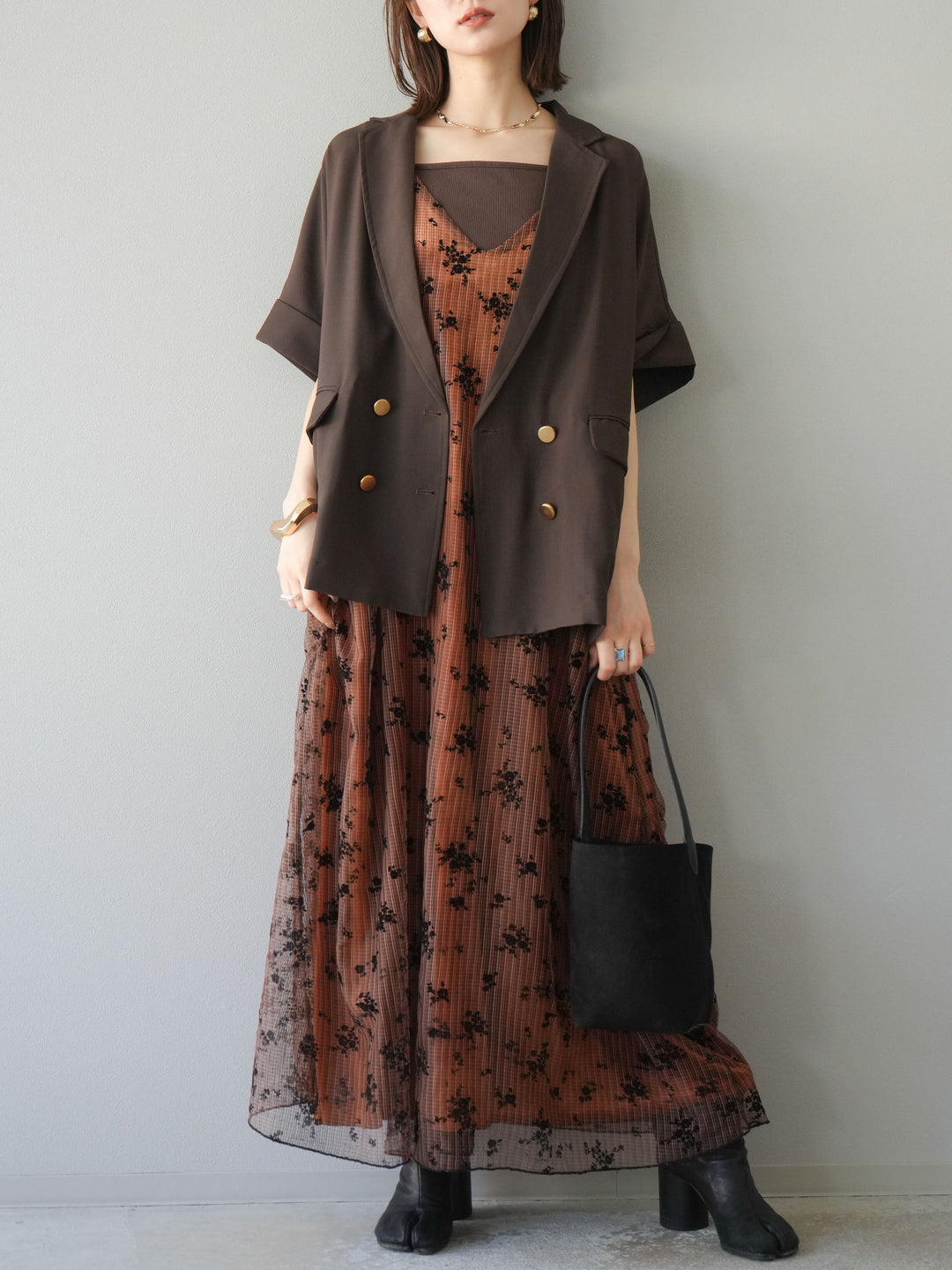 [套裝] 植絨薄紗層疊天鵝絨吊帶連身裙 + 金色紐帶半夾克 (2 套)