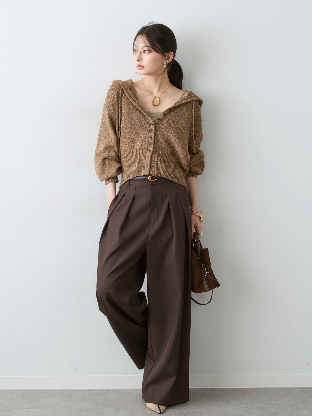 [予約]メランジボリュームスリーブフードニットカーディガン/brown
