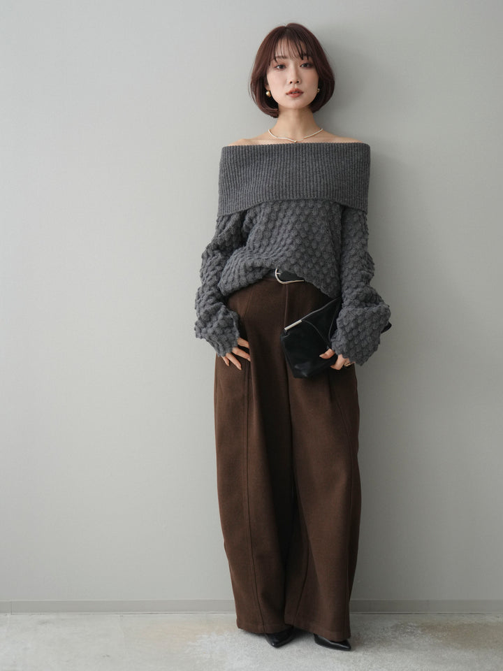 [予約]ポコポコ編みオフショルニットプルオーバー/gray