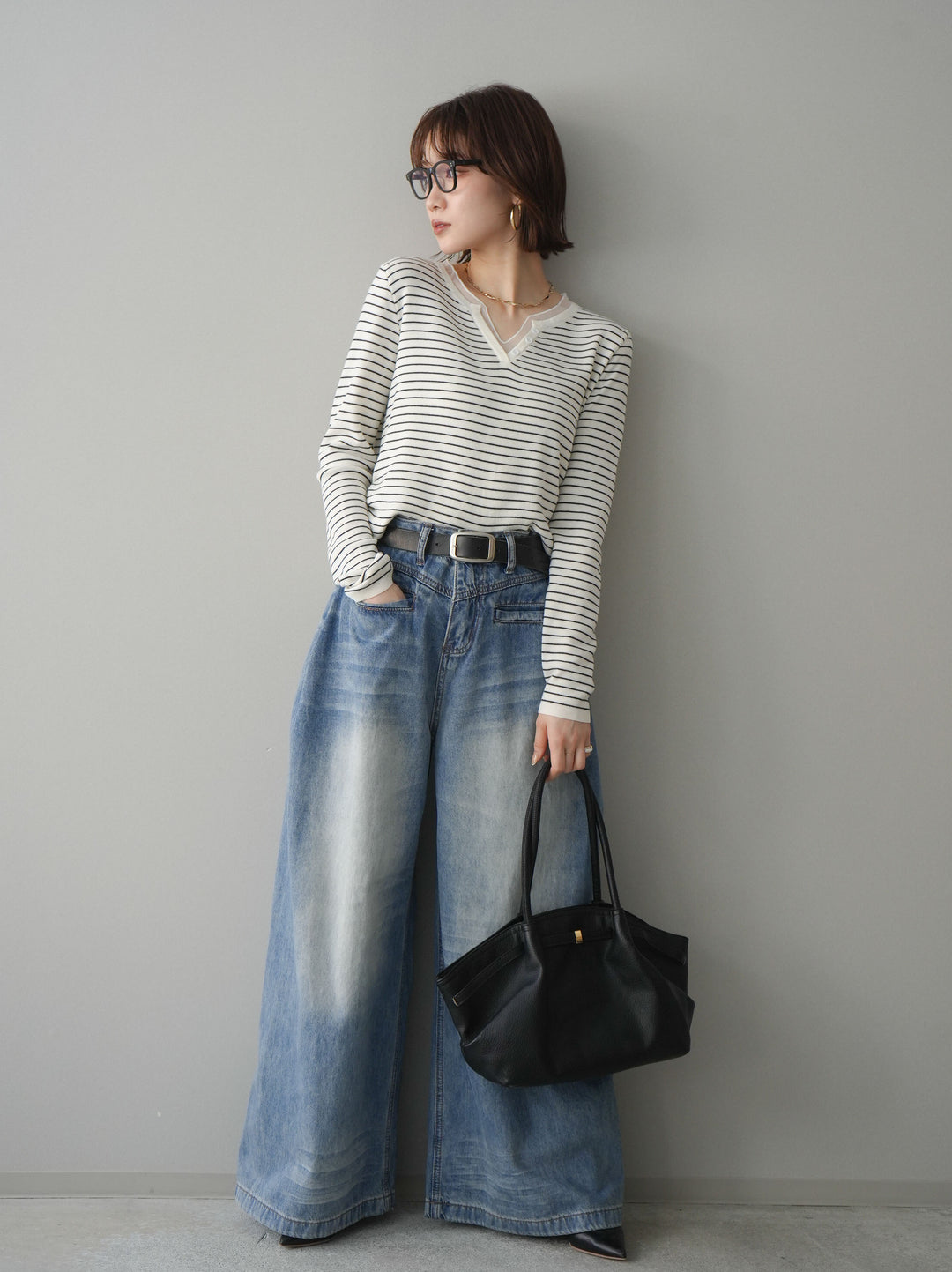 [SET]チュールレイヤードデザインボーダーニットトップス+選べるアクセセット(2set)