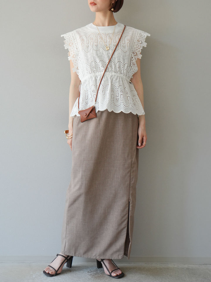 [SET] 扇貝刺繡蕾絲上衣 + 亞麻質感拉鍊開衩緊身裙（2件套）