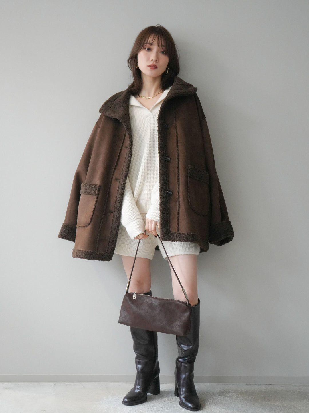 [SET]ポロニットプルオーバー＆ショートパンツSET UP+スタンドネックフェイクムートンミディアムコート(2set)