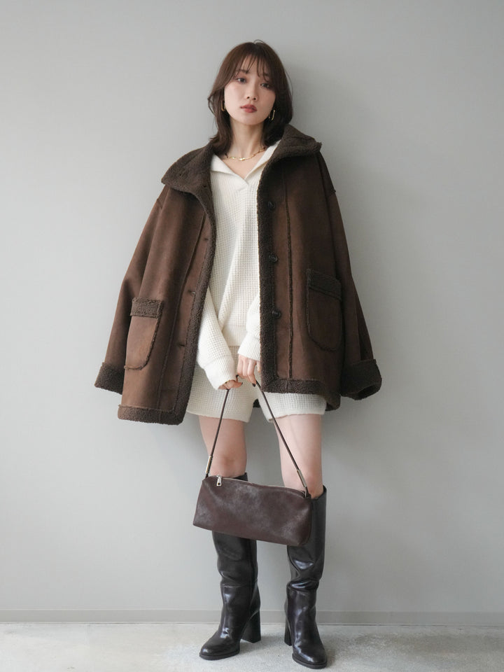 [SET]ポロニットプルオーバー＆ショートパンツSET UP+スタンドネックフェイクムートンミディアムコート(2set)
