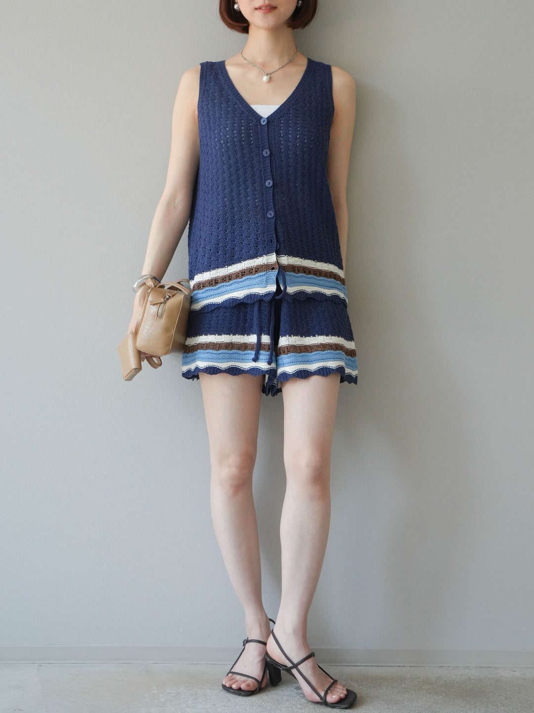[SET]裾マルチボーダーニットベスト＆ショートパンツ SET UP(2set)