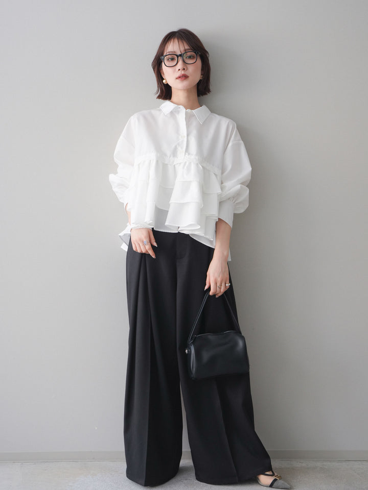 [SET]ブロードティアードショートシャツ+TRツイルデザインタックワイドパンツ(2set)