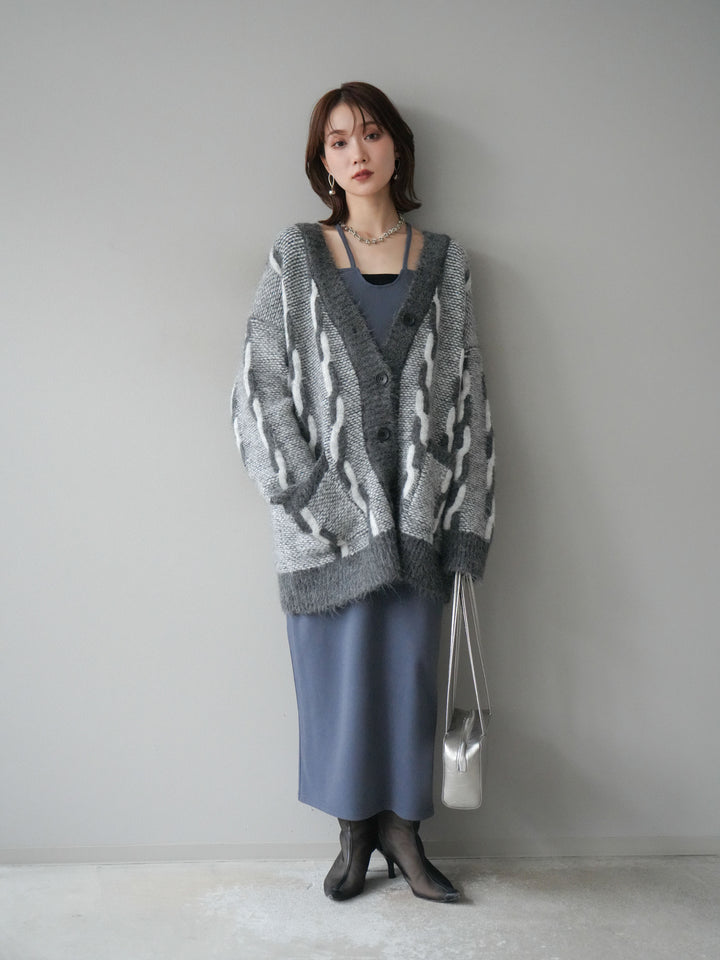 [予約]バイカラー編み込みデザインニットカーディガン/グレー
