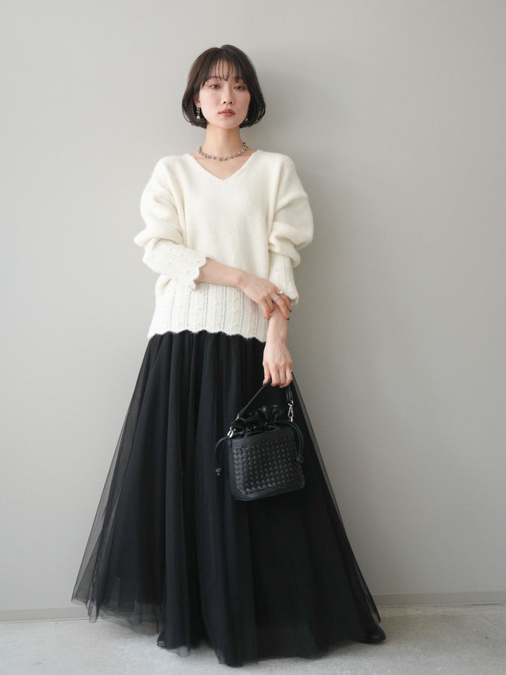 [SET]パールフリルリブヘムニットプルオーバー+チュールボリュームスカート(2set)