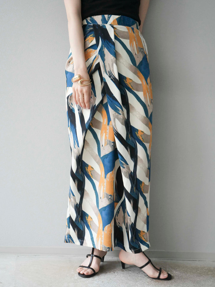 [預購] 度假風印花褶襉I字裙/藍色