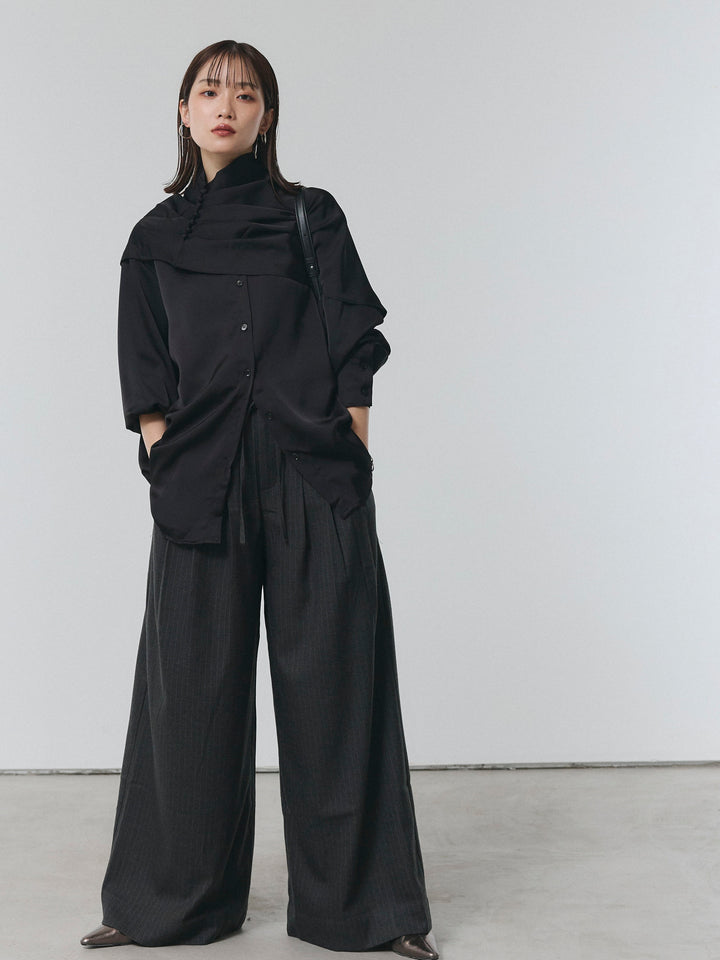 【Allure】[SET]ケープ付サテンシャツ+ウールライクストライプワイドパンツ(2set)