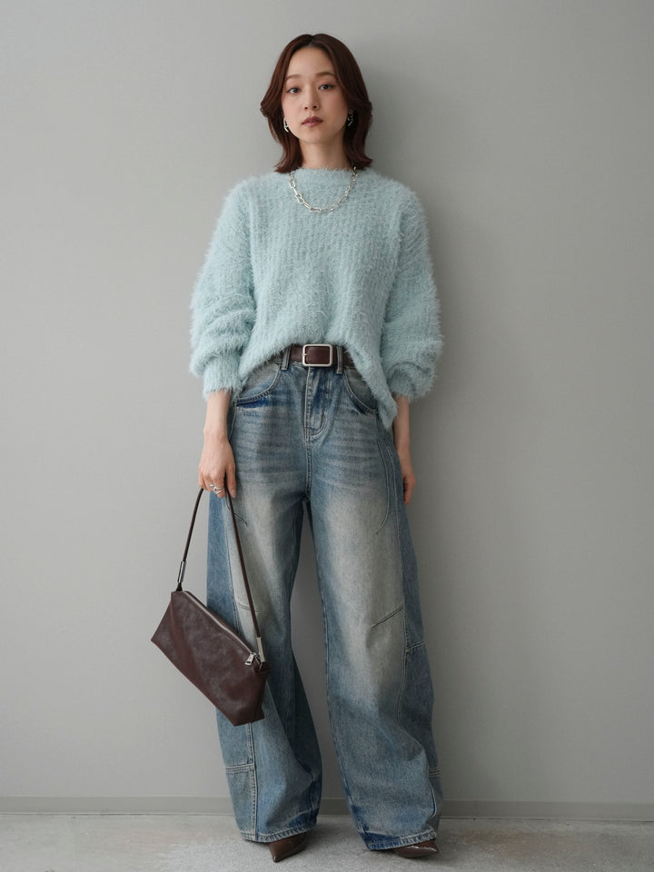 [SET]ボリュームスリーブシャギー MIXニットプルオーバー+ベルト付カーブデニムパンツ(2set)