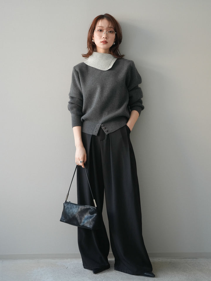 [予約]デザインネックバイカラーニットプルオーバー/charcoal