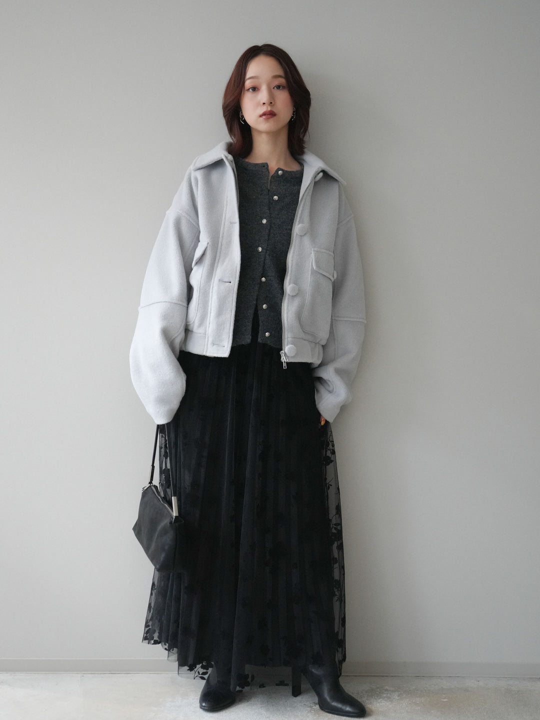 [SET]ウールライクフライトジャケット+フラワーフロッキーチュールプリーツスカート(2set)