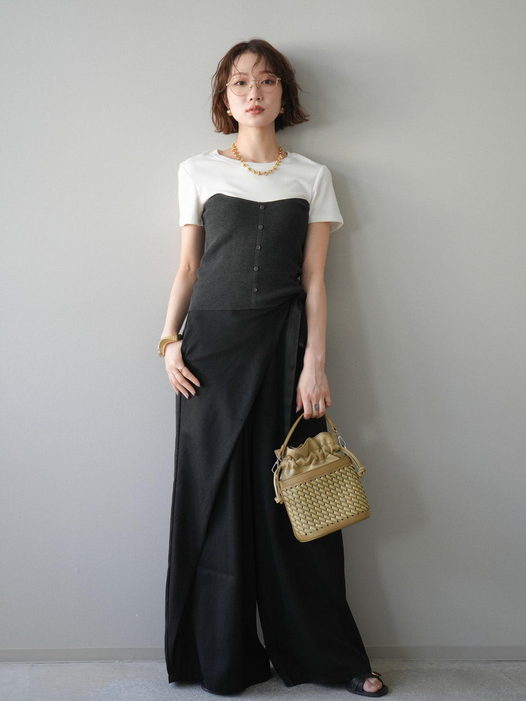 【套裝】抹胸式T卹+裹身式寬褲（兩件套）