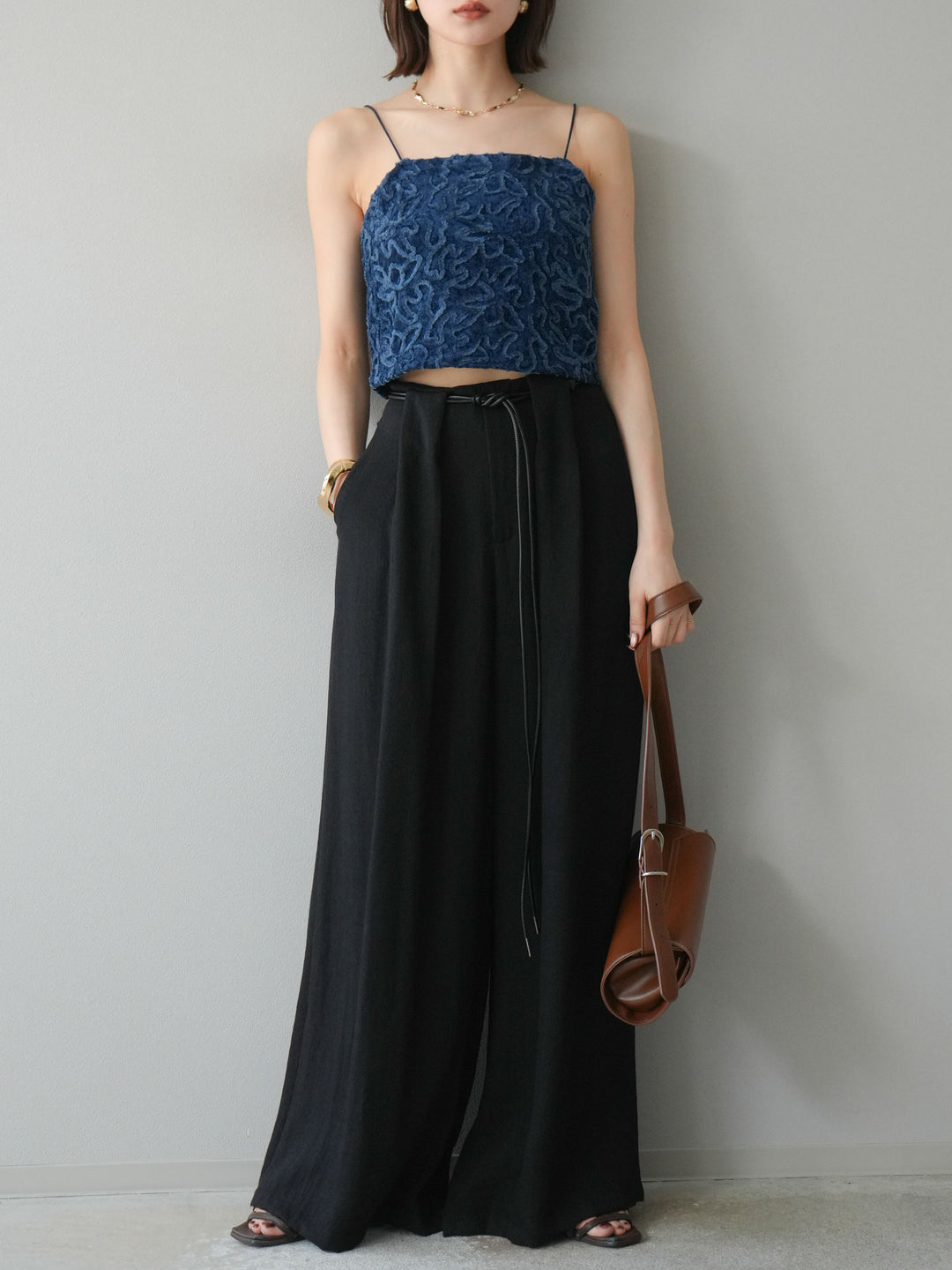 [予約]ロープデザインベルトリネンタッチワイドパンツ/ブラック